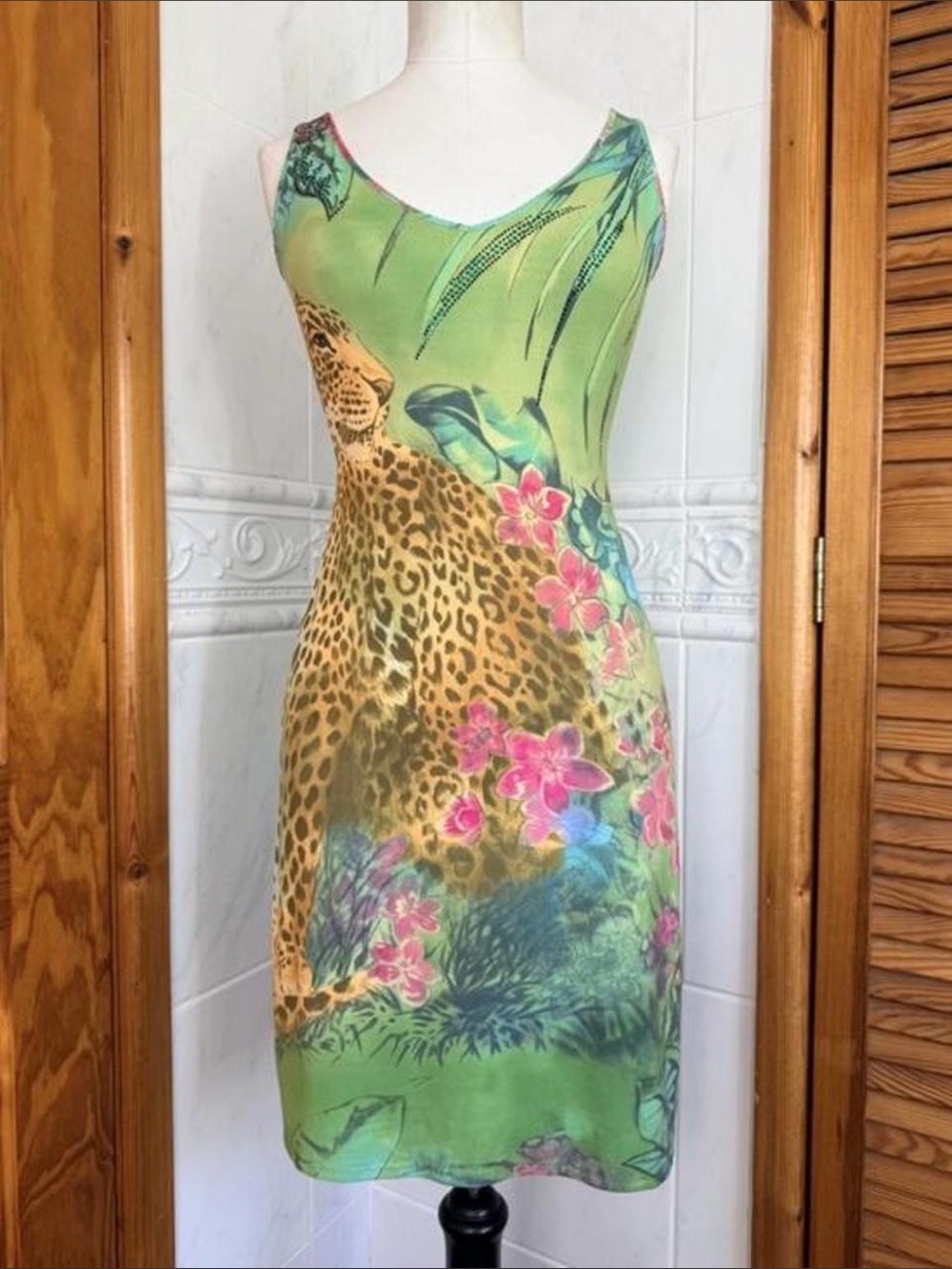 Blumarine SS 2002 Multicolored Green Leopard Jungle Bodycon Dress